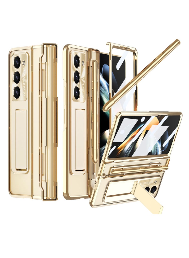 جراب حماية شفاف 4 في 1 بمفصلة لهاتف Samsung Z Fold 5 مع حامل. جراب ذهبي أنيق لهاتف Galaxy Z Fold 5 وGalaxy Z Fold 5 5G - Image 1