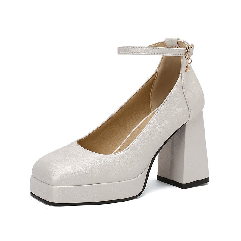 2024 Spring Fashion Square Head Women'S Shoes 33-50 Ankle Buckle Thick High Heel Shoes - Image 1