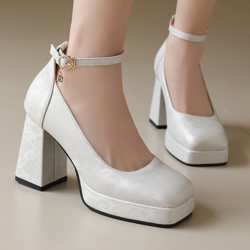 2024 Spring Fashion Square Head Women'S Shoes 33-50 Ankle Buckle Thick High Heel Shoes - Image 3
