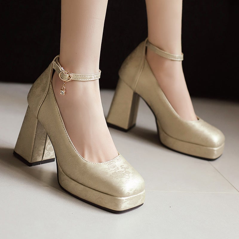 2024 Spring Fashion Square Head Women'S Shoes 33-50 Ankle Buckle Thick High Heel Shoes - Image 5