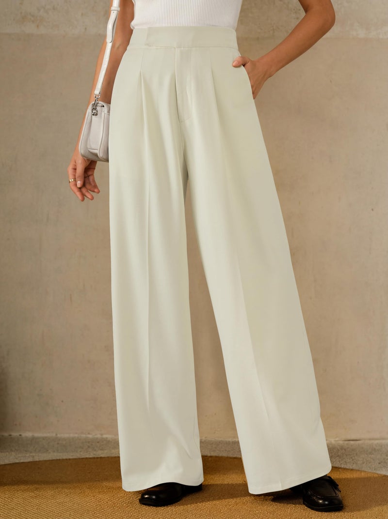Arach&Cloz 2026 Women's Wrinkle Free Wide Leg Dress Pants Elastic Waisted Pleated Loose Palazzo Pants Pocket Dressy Work Trousers Business Casual Teacher Outfits Ankle Petite Regular Off-White XL - Image 3