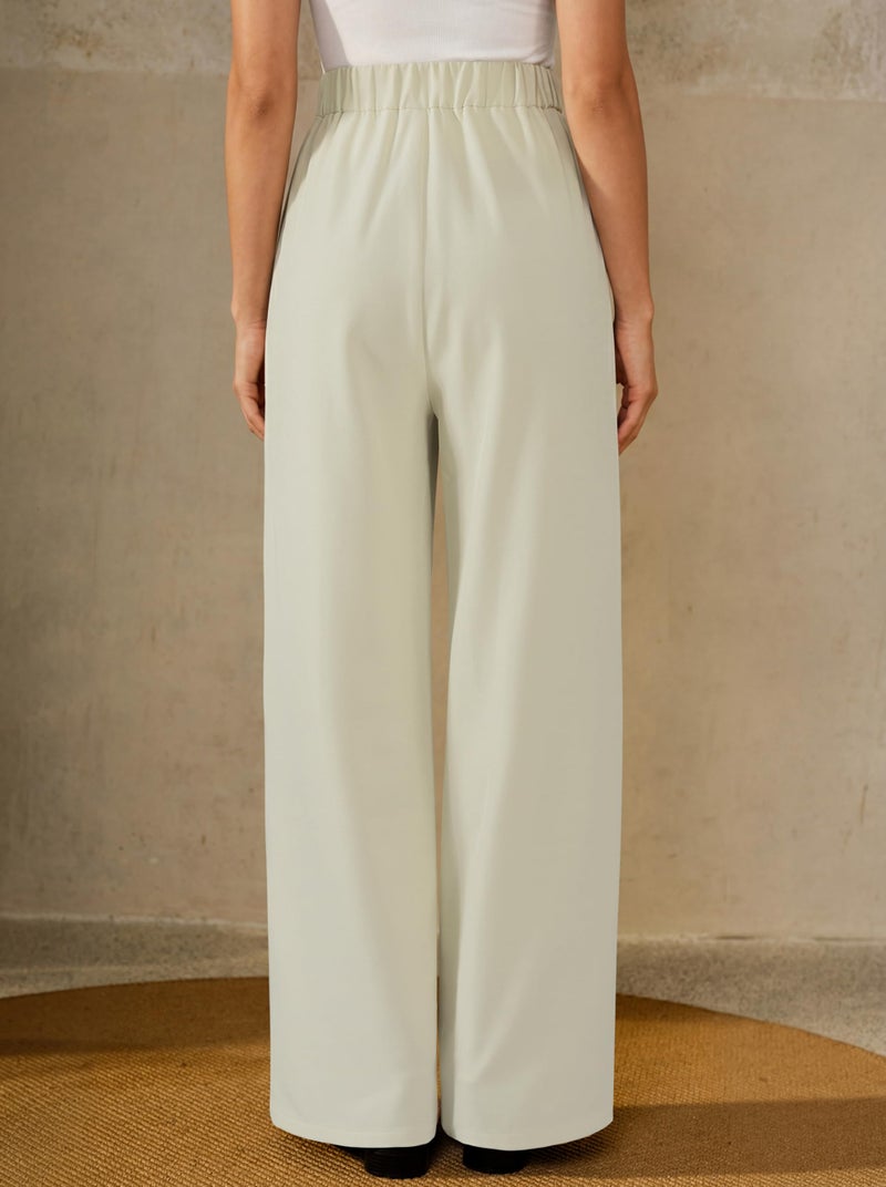 Arach&Cloz 2026 Women's Wrinkle Free Wide Leg Dress Pants Elastic Waisted Pleated Loose Palazzo Pants Pocket Dressy Work Trousers Business Casual Teacher Outfits Ankle Petite Regular Off-White XL - Image 2