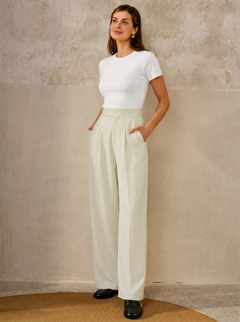 Arach&Cloz 2026 Women's Wrinkle Free Wide Leg Dress Pants Elastic Waisted Pleated Loose Palazzo Pants Pocket Dressy Work Trousers Business Casual Teacher Outfits Ankle Petite Regular Off-White XL - Image 4