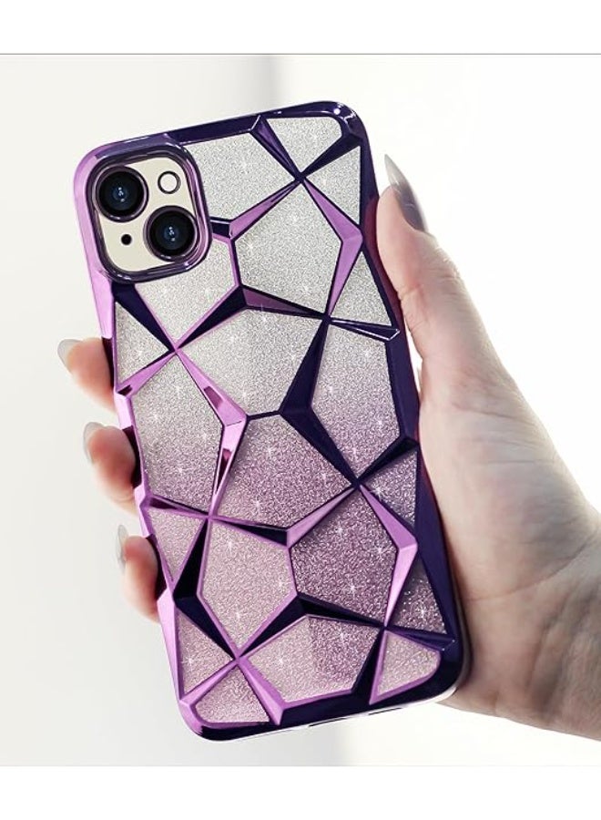 Compatible with iPhone 15 (6.1 Inch) Case Plating Bling Gradient Glitter Clear Cover Soft TPU Silicone Cute Camera Protection Shockproof Back for Women Girls Case - Purple