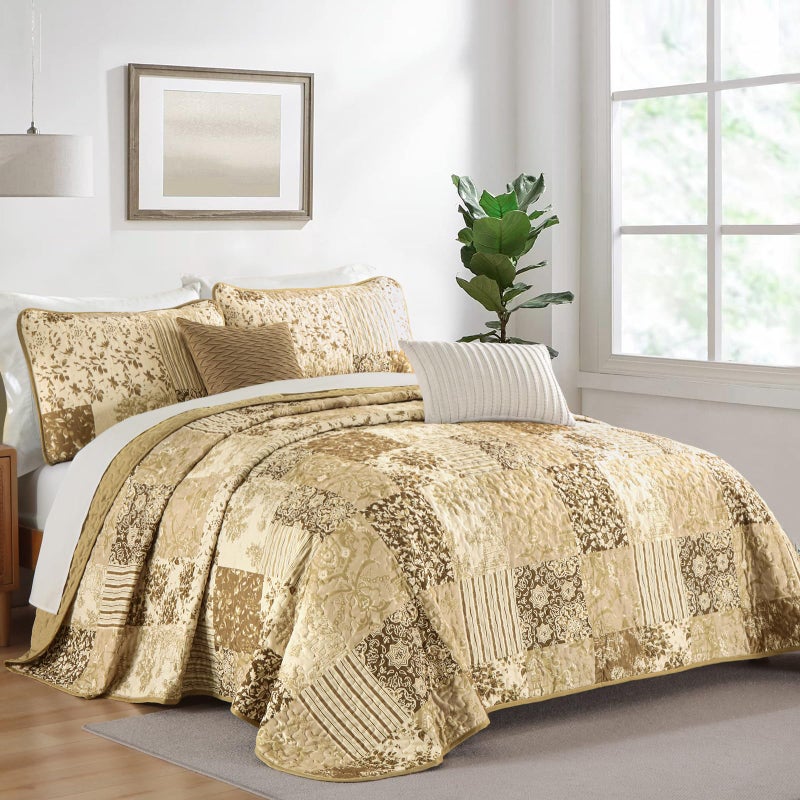 Drucon Quilt Set King Size, Yellow Brown Patchwork Pattern Summer Bedspread Bedding Set, 3 Pieces Soft Lightweight Plaid Coverlet with 2 Pillow Shams for All Season 104x90 Inch - Image 2