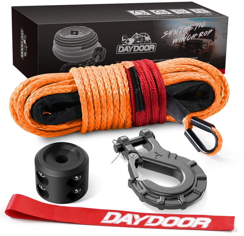 Daydoor Synthetic Winch Rope  1/4 Inch X 50Ft 10 000Lbs Synthetic Winch Line  Winch Cable For Offroad Vehicle 4Wd Atv Utv  Synthetic Rope With Forged Winch Hook And Rubber Stopper (Orange) - Image 1