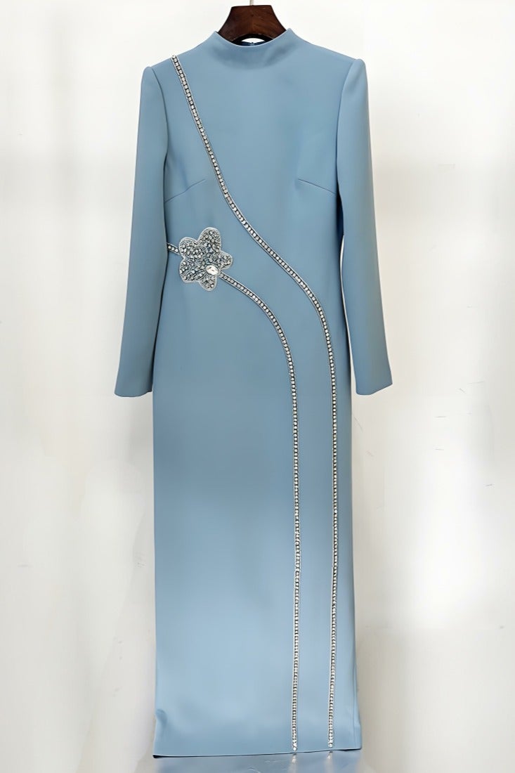 Loquat Women's Long Sleeves Rhinestone Beaded Decoration Maxi Gown Dresses Blue - Image 1