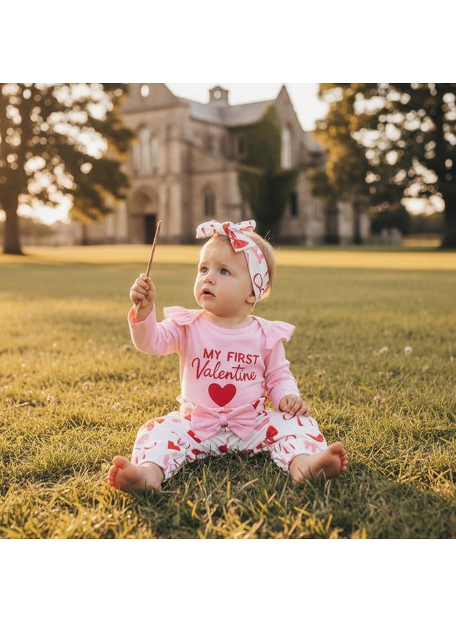 allshope Inafnt Baby Girl My First Valentine's Day Outfit Heart Romper Jumpsuit Bodysuit Pant Set Newborn Fall Clothes, My First Valentine Pink, 12-18 Months - Image 2