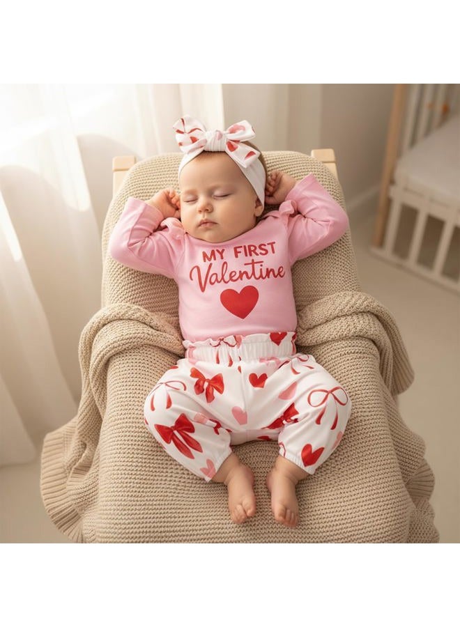 allshope Inafnt Baby Girl My First Valentine's Day Outfit Heart Romper Jumpsuit Bodysuit Pant Set Newborn Fall Clothes, My First Valentine Pink, 12-18 Months - Image 5