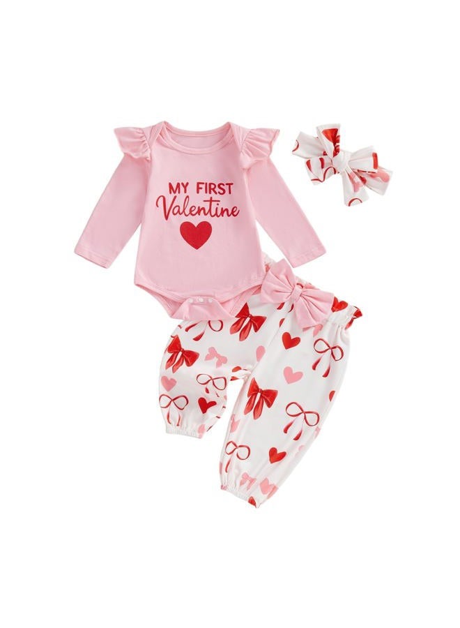 allshope Inafnt Baby Girl My First Valentine's Day Outfit Heart Romper Jumpsuit Bodysuit Pant Set Newborn Fall Clothes, My First Valentine Pink, 12-18 Months - Image 1