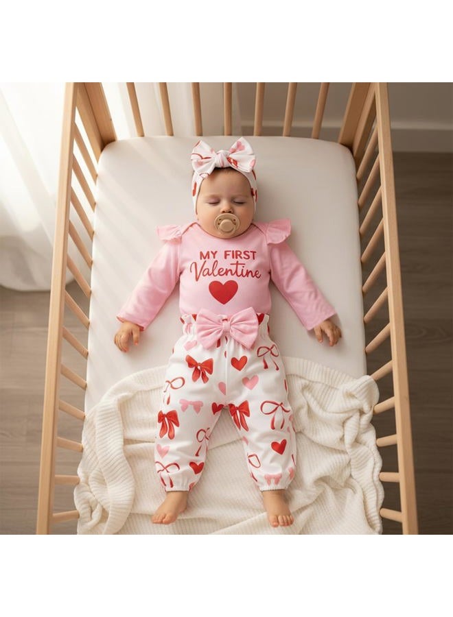 allshope Inafnt Baby Girl My First Valentine's Day Outfit Heart Romper Jumpsuit Bodysuit Pant Set Newborn Fall Clothes, My First Valentine Pink, 12-18 Months - Image 4