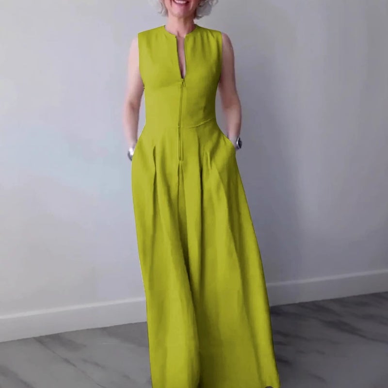 Women's Solid High Waist Sleeveless Zip A-Line Maxi Dress - Image 1