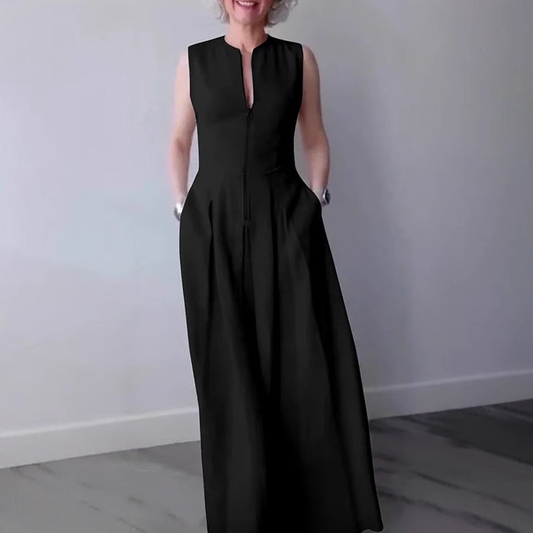 Women's Solid High Waist Sleeveless Zip A-Line Maxi Dress - Image 3