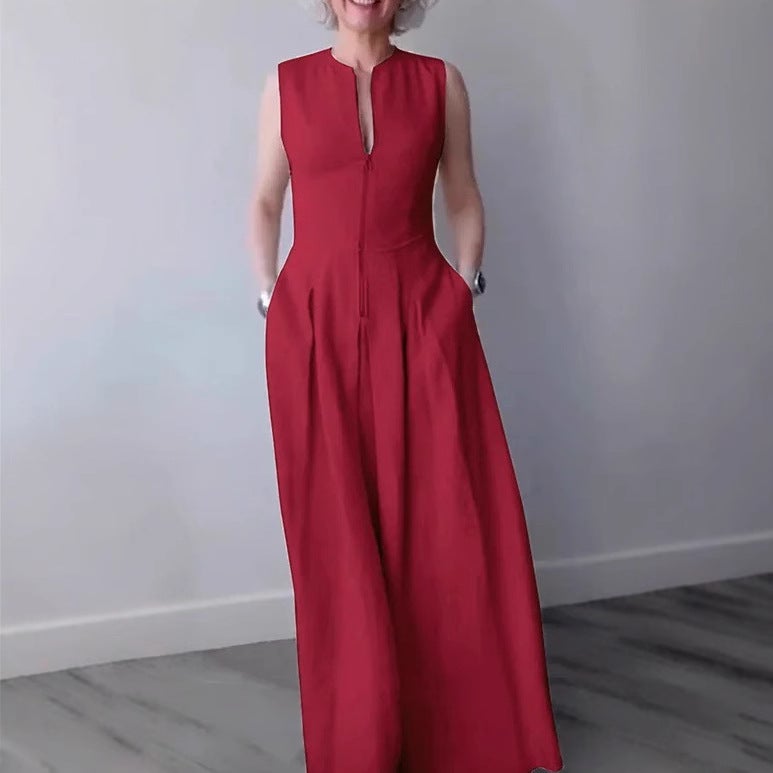 Women's Solid High Waist Sleeveless Zip A-Line Maxi Dress - Image 2