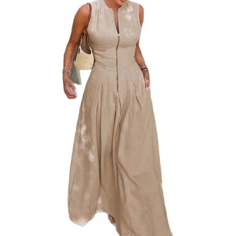 Women's Solid High Waist Sleeveless Zip A-Line Maxi Dress - Image 5