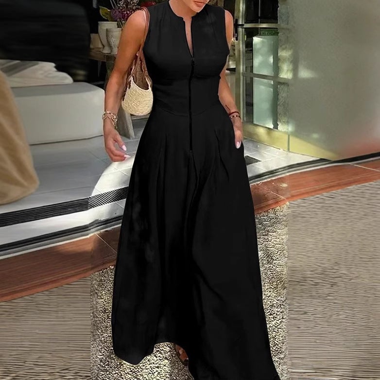 Women's Solid High Waist Sleeveless Zip A-Line Maxi Dress - Image 4