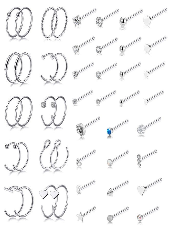 Tornito 20G 48Pcs Nose Rings Hoop Stainless Steel Bone L Screw Shaped Nose Studs Tragus Cartilage Nose Ring CZ Body Piercing Jewelry for Women Men - Image 1