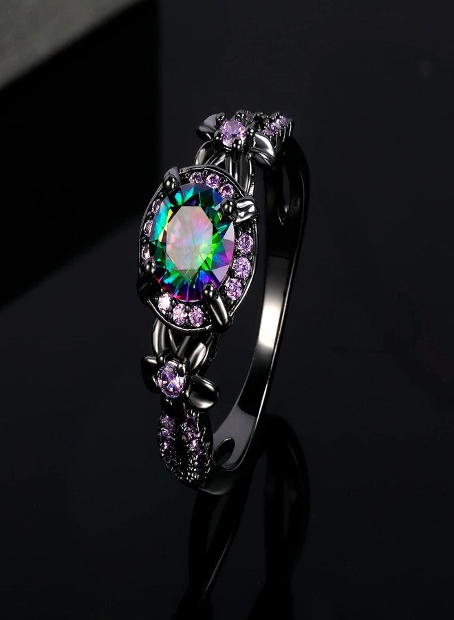 VOLUKA 18K Black Gold Plated Round Created Rainbow Mystic Quartz CZ Amethyst Ring Band Eternity Jewelry Gifts for Women Men, Gemstone, rainbow cz - Image 5