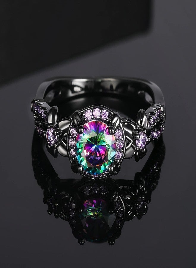 VOLUKA 18K Black Gold Plated Round Created Rainbow Mystic Quartz CZ Amethyst Ring Band Eternity Jewelry Gifts for Women Men, Gemstone, rainbow cz - Image 4