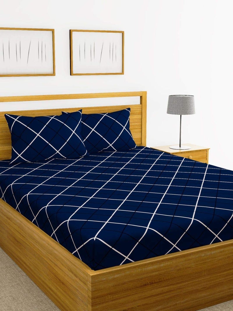 SpangleHomes 100% Soft Glace Cotton Elastic Fitted Double Bed Bedsheet With 2 Large Pillow Covers (King Bed 78 X72X10 Inches, Blue Lines), 300 tc - Image 5