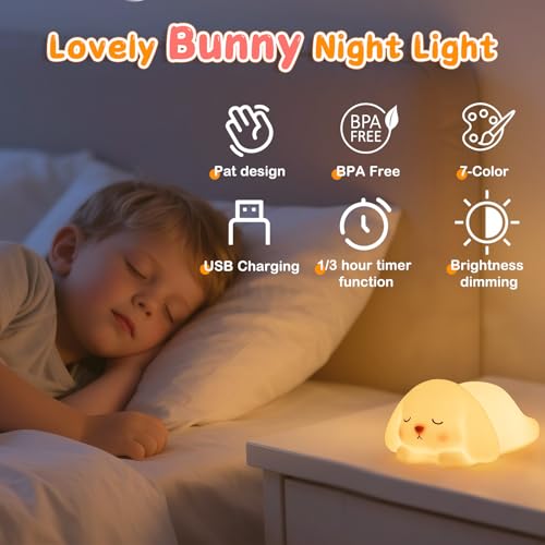 Tremdwoto Bunny Night Light for Kids - 16 Color Changing, Rechargeable Dimmable Nursery Lamp with 1/3 H Timer, Cute Animal Night Light for Baby Boys Girls, Kawaii Room Decor Gift - Image 3