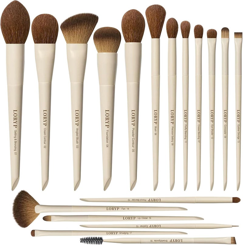 LORYP Makeup Brushes Set Labeled 18 Piece Face and Eye Brush Set Ultra soft hair Foundation, Concealer, Blush, Contour, Blending, Eyeshadow Khaki Brush kit - Image 1