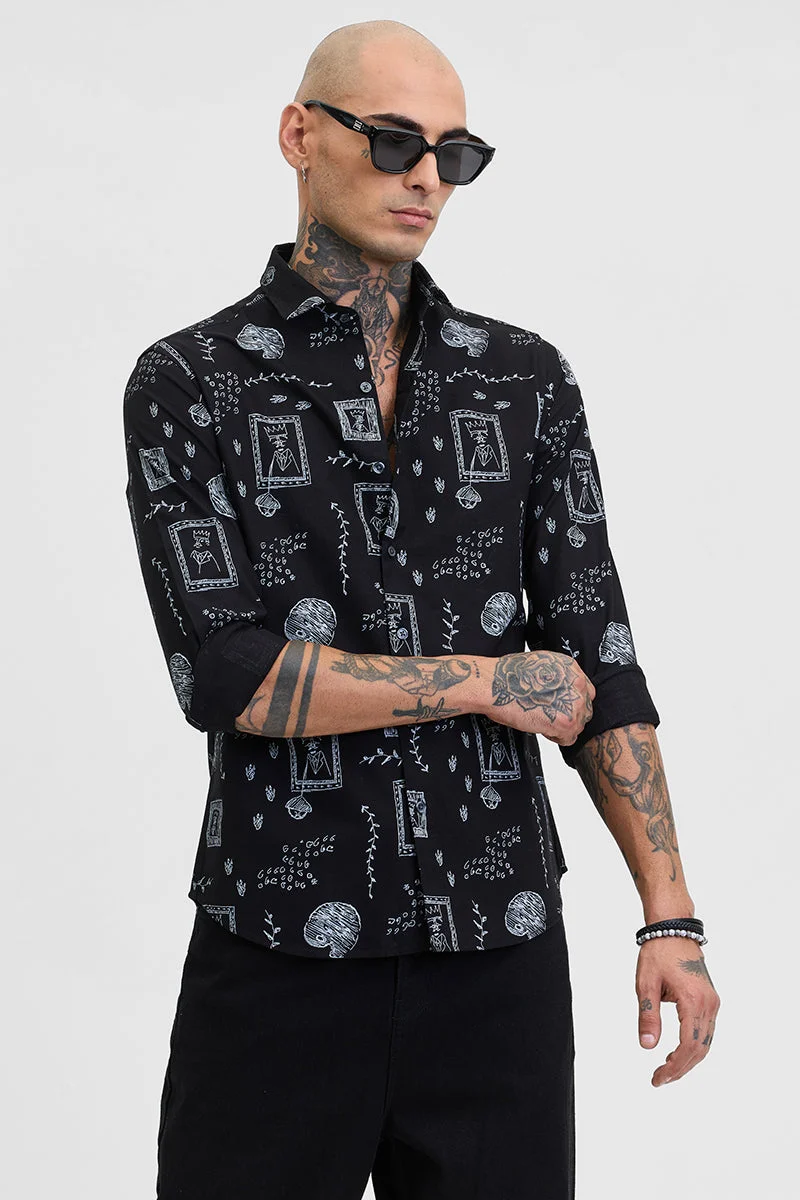 SNITCH Black Printed Slim Fit Shirt