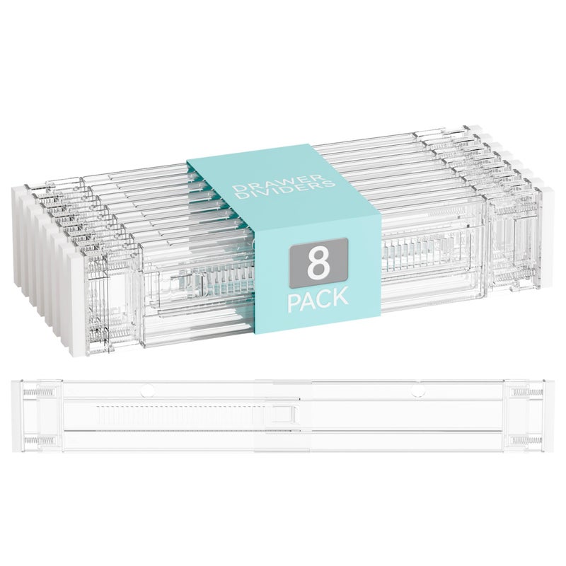 Yieach 8 Pack 3.2 Inch Shallow Acrylic Drawer Dividers for Clothes -Expandable from 15-21''- Adjustable Drawer Dividers for Baby Clothing,Sock,Underwear,Clear in Drawer Separators for Dresser,Kitchen - Image 1