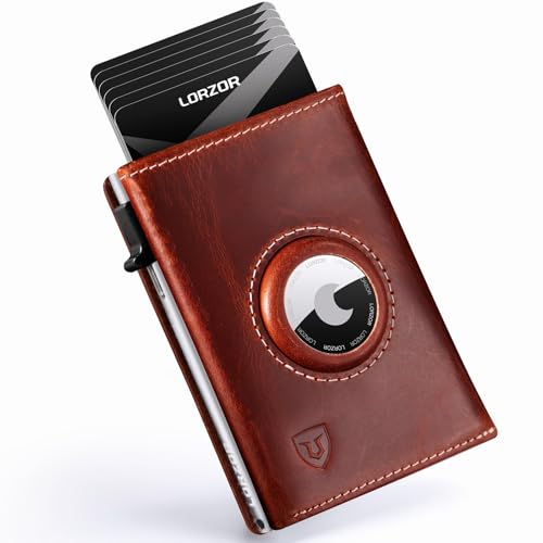 LORZOR AirTag Wallet - Full Grain Leather, Mens Minimalist Wallet with Apple Air Tag Holder, Slim Smart Pop up Card Case, ID Window, RFID Blocking, Front Pocket (AirTag Not Included) - Image 1