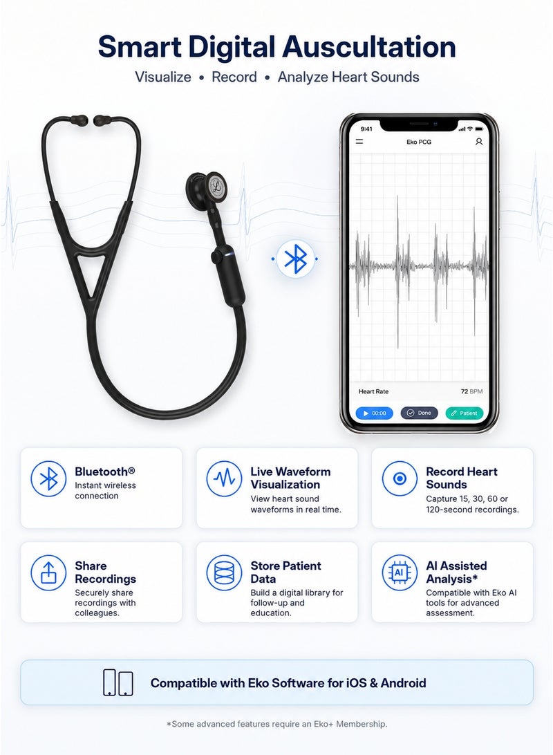 3M Littmann 8490 CORE Digital Stethoscope Black 27 Inch Professional Cardiology Grade Smart Stethoscope with Up to 40x Amplification Active Noise Cancellation Bluetooth Connectivity Analog and Digital Listening Modes Eko Software Compatibility Dual Sided Tunable Chestpiece Adult and Pediatric Use Soft Sealing Ear Tips Double Lumen Tubing Rechargeable USB C Digital Module for Doctors Nurses Clinics Hospitals Medical Students and Healthcare Professionals - Image 3