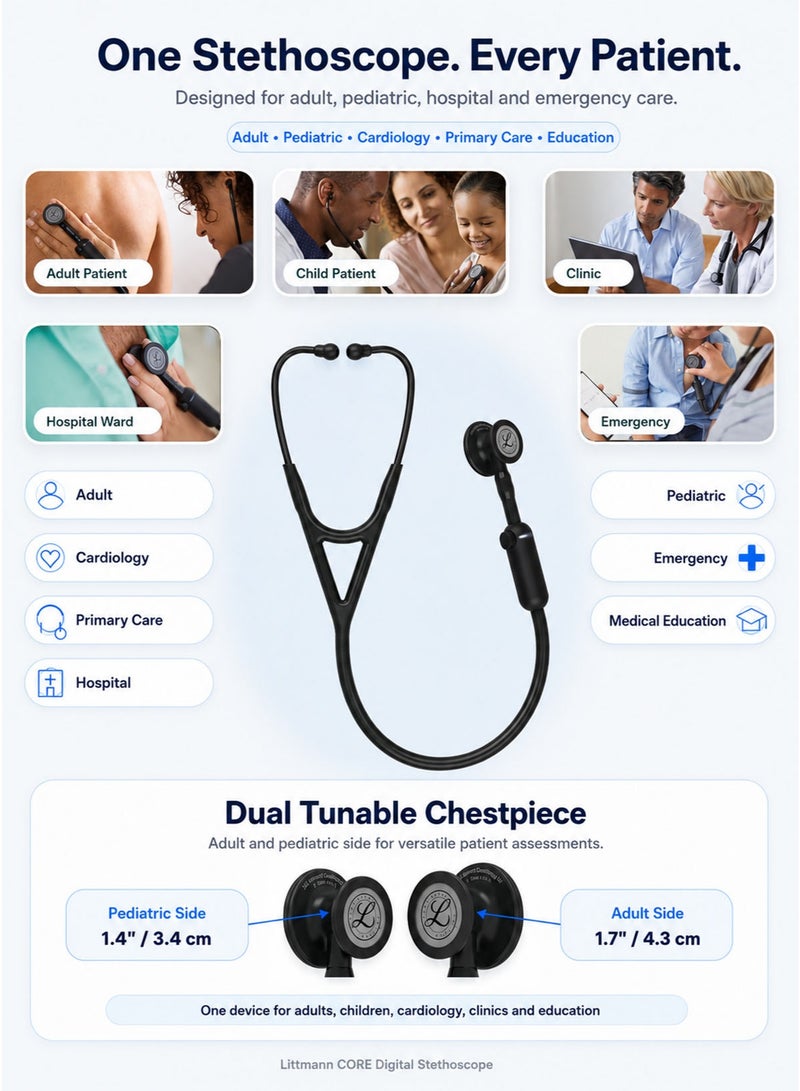3M Littmann 8490 CORE Digital Stethoscope Black 27 Inch Professional Cardiology Grade Smart Stethoscope with Up to 40x Amplification Active Noise Cancellation Bluetooth Connectivity Analog and Digital Listening Modes Eko Software Compatibility Dual Sided Tunable Chestpiece Adult and Pediatric Use Soft Sealing Ear Tips Double Lumen Tubing Rechargeable USB C Digital Module for Doctors Nurses Clinics Hospitals Medical Students and Healthcare Professionals - Image 5