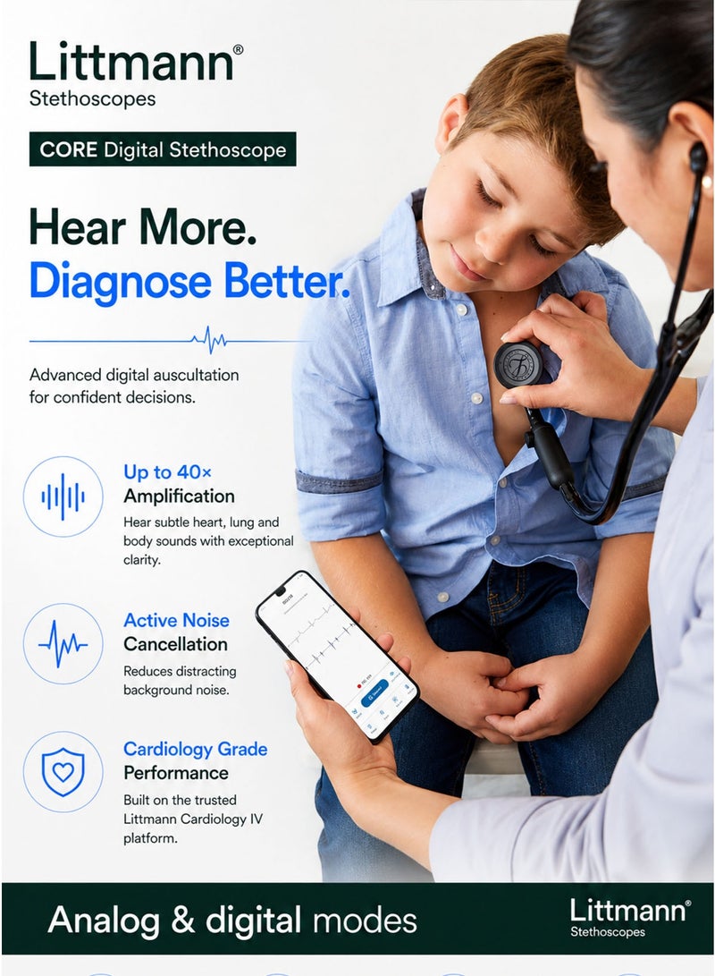 3M Littmann 8490 CORE Digital Stethoscope Black 27 Inch Professional Cardiology Grade Smart Stethoscope with Up to 40x Amplification Active Noise Cancellation Bluetooth Connectivity Analog and Digital Listening Modes Eko Software Compatibility Dual Sided Tunable Chestpiece Adult and Pediatric Use Soft Sealing Ear Tips Double Lumen Tubing Rechargeable USB C Digital Module for Doctors Nurses Clinics Hospitals Medical Students and Healthcare Professionals - Image 2