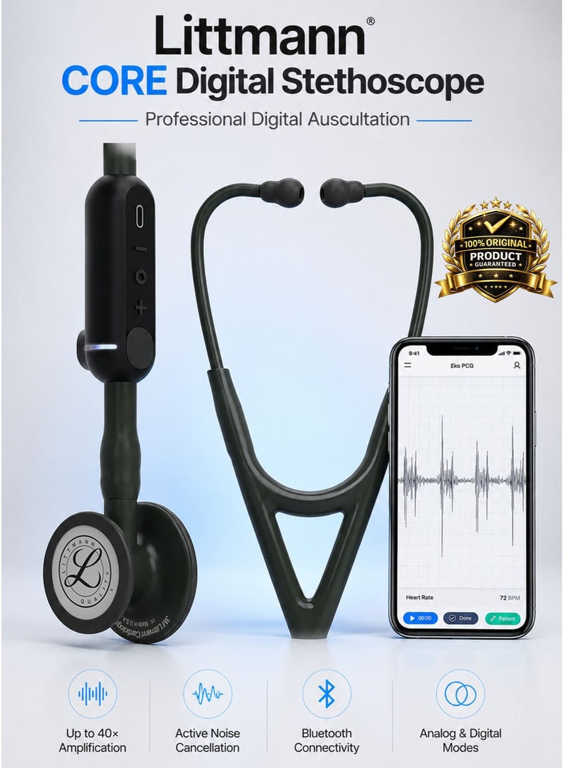 3M Littmann 8490 CORE Digital Stethoscope Black 27 Inch Professional Cardiology Grade Smart Stethoscope with Up to 40x Amplification Active Noise Cancellation Bluetooth Connectivity Analog and Digital Listening Modes Eko Software Compatibility Dual Sided Tunable Chestpiece Adult and Pediatric Use Soft Sealing Ear Tips Double Lumen Tubing Rechargeable USB C Digital Module for Doctors Nurses Clinics Hospitals Medical Students and Healthcare Professionals - Image 1