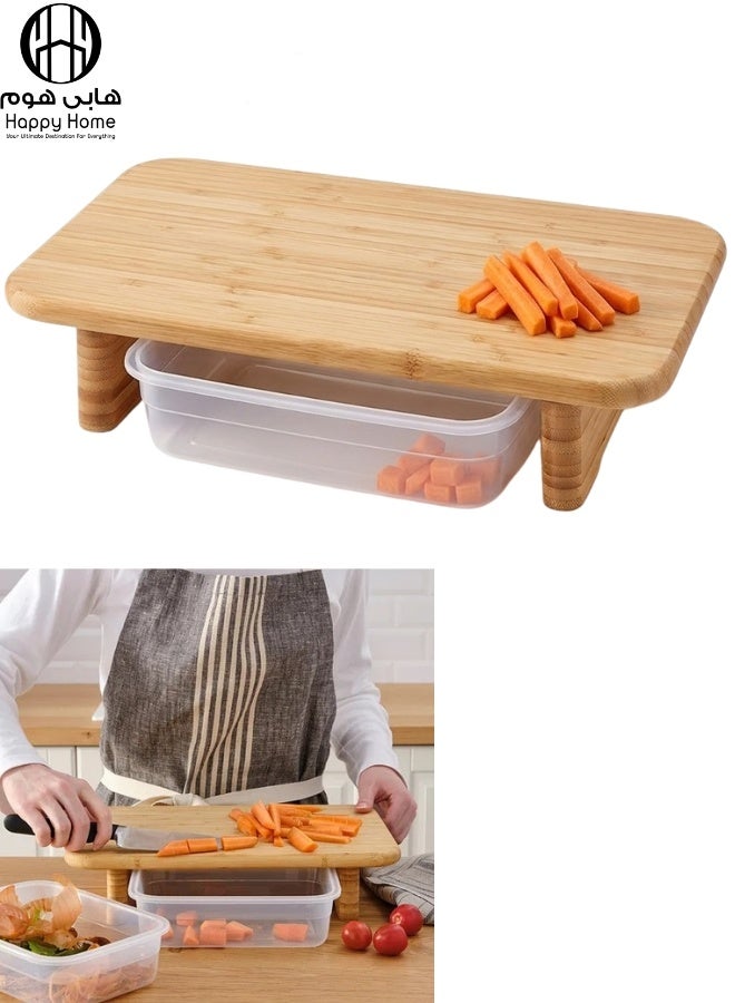 Happy Home Bamboo Cutting Board Size 35x22x8 cm Smart Elevated  Multi-Purpose Kitchen Chopping Board with Under-Board Plate or Bowl Placement for Easy Food Collection Faster Prep and Cleaner Workflow Professional Food Prep Board for Vegetables Fruits Meat Cheese and Appetizers Also Serving Platter Moisture Resistant Easy Clean Durable Eco-Friendly Kitchen Board - Beige - Image 1