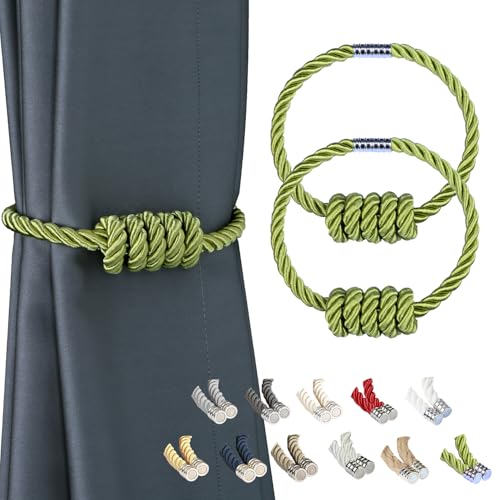 BEL AVENIR Magnetic Curtain Tiebacks, Decorative Drapery Holdbacks Modern Woven Tie-Backs with Exquisite Knot (Green, 2 Pack) - Image 1