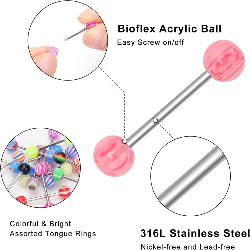 CrazyPiercing 100Pcs 14G Acrylic Tongue Rings, Multi Color Assortment Flexible Tongue Rings Barbells Mix Piercing - Image 2