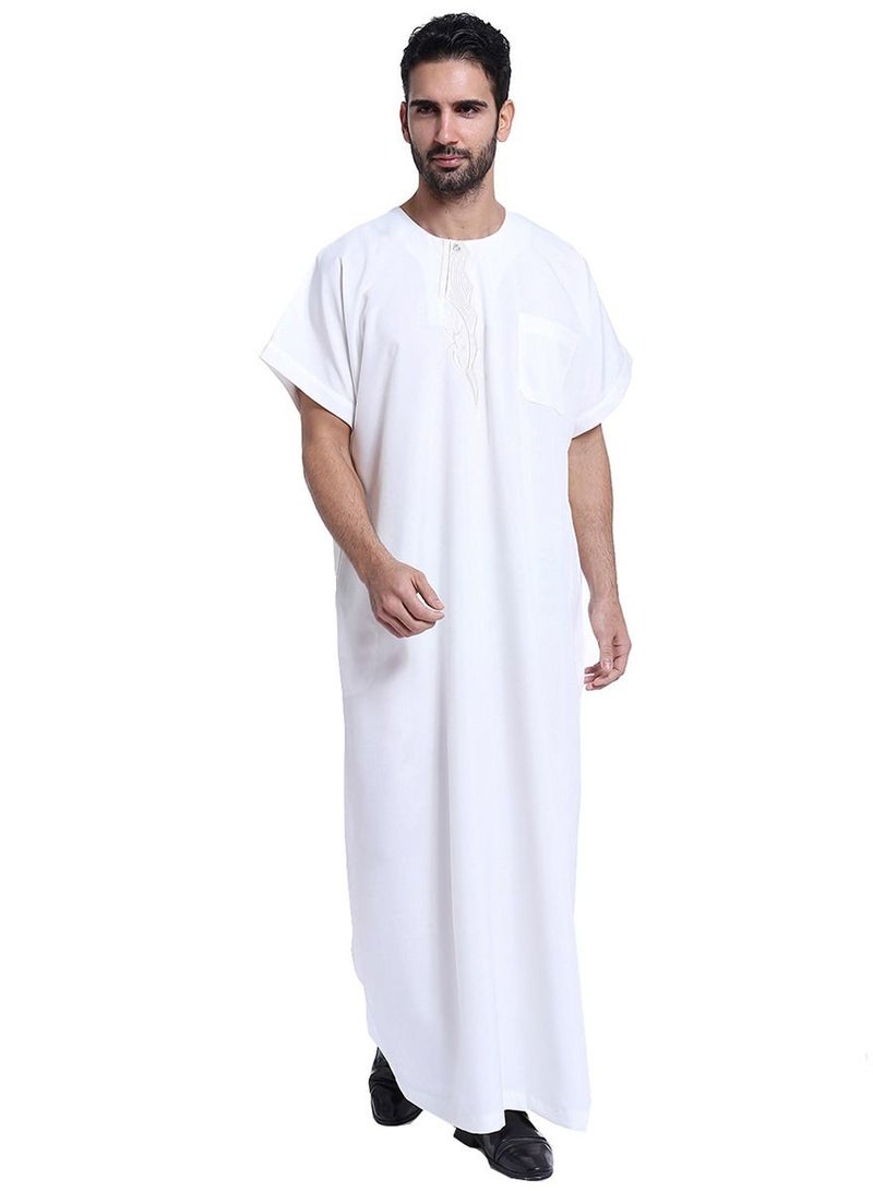إسكدنيا Men's Short Sleeve Kandora Islamic Arabic Kaftan Robe White 