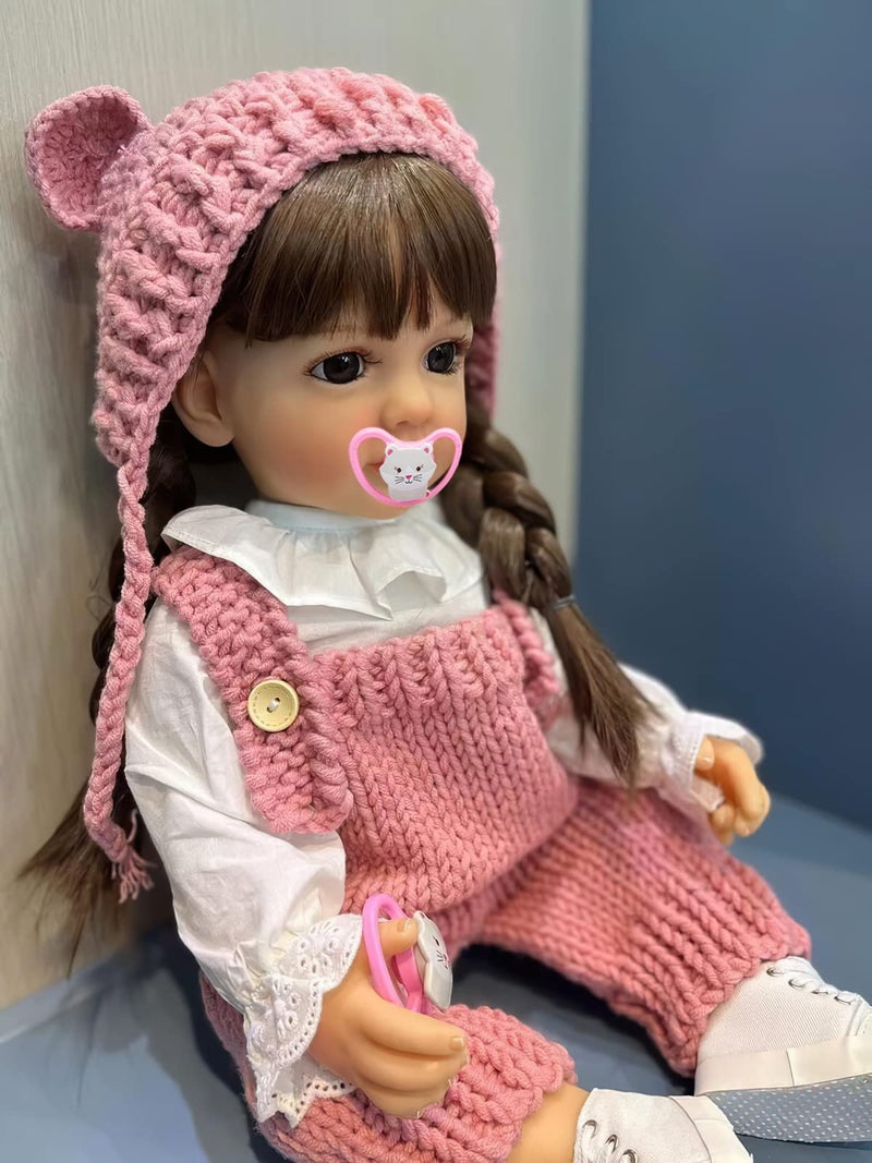 TERABITHIA 22 Inches Long Brown Hair Vinyl Full Body Anatomically Correct Lifelike Reborn Baby Doll Realistic Newborn Toddler Girl Dolls in Pink Woolen Set - Image 3