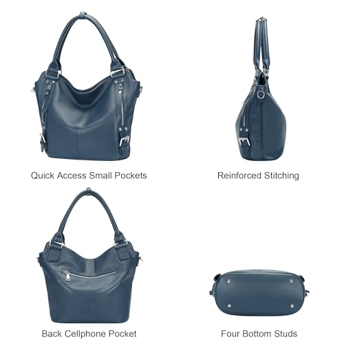 Over Earth Genuine Leather Handbags for Women Hobo Shoulder Bags Ladies Tote Bag(O172E Indigo Blue) - Image 3
