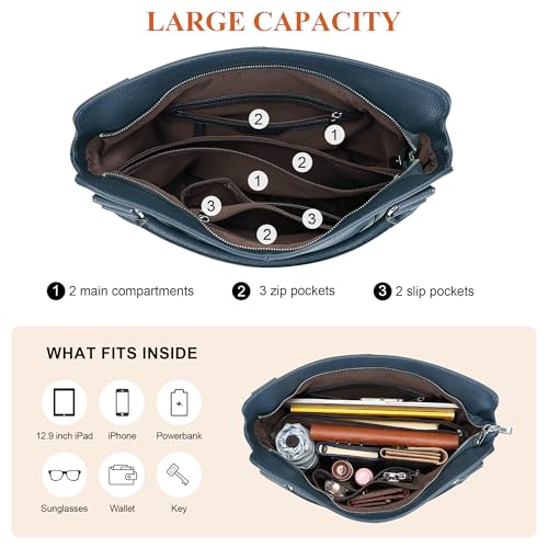 Over Earth Genuine Leather Handbags for Women Hobo Shoulder Bags Ladies Tote Bag(O172E Indigo Blue) - Image 5