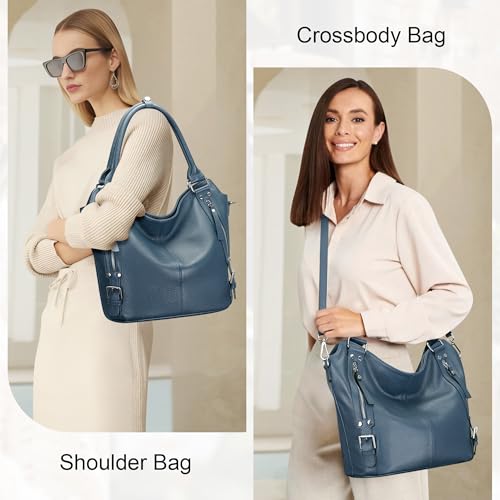 Over Earth Genuine Leather Handbags for Women Hobo Shoulder Bags Ladies Tote Bag(O172E Indigo Blue) - Image 2