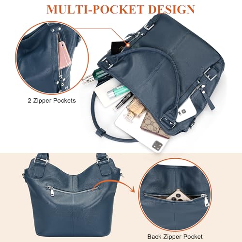 Over Earth Genuine Leather Handbags for Women Hobo Shoulder Bags Ladies Tote Bag(O172E Indigo Blue) - Image 4