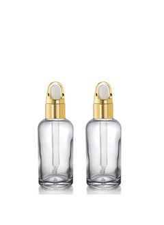 Devinez Devinez (Pack of 2 Multipurpose Refillable Transparent Clear Round Glass Bottle, 50 ml with Fancy Golden Glass Dropper for Cosmetics, Serum, Essential Oils, Blends, Skin Care, Travel, Toners & DIY  - Image 1
