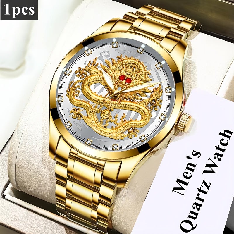 Men's Quartz Skeleton Watch with Stainless Steel Band, Luminous Waterproof and Dragon Dial - Image 5