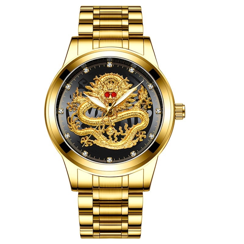 Men's Quartz Skeleton Watch with Stainless Steel Band, Luminous Waterproof and Dragon Dial - Image 4