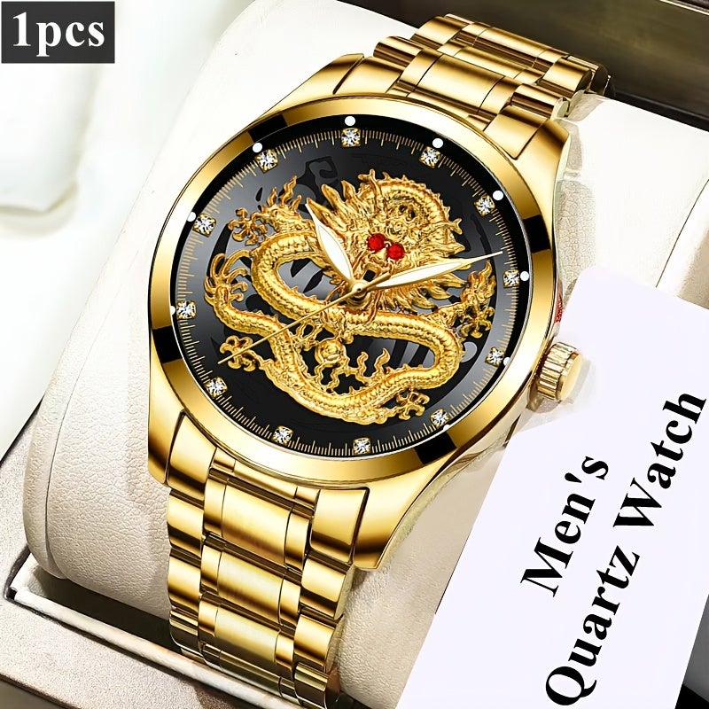 Men's Quartz Skeleton Watch with Stainless Steel Band, Luminous Waterproof and Dragon Dial - Image 1