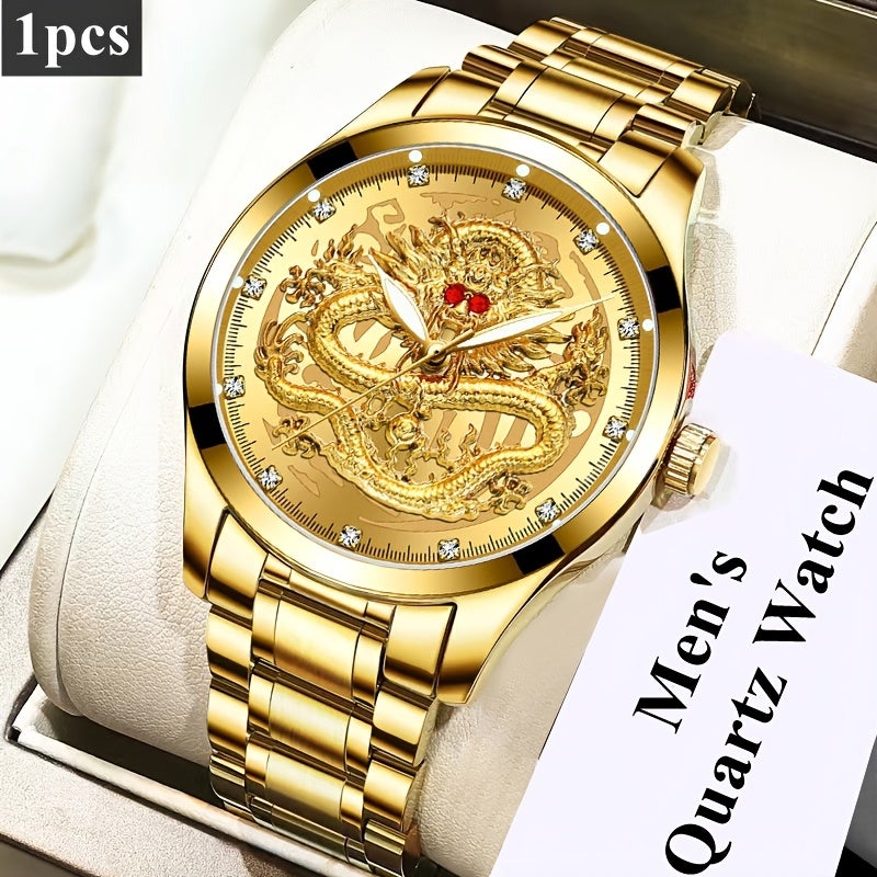 Men's Quartz Skeleton Watch with Stainless Steel Band, Luminous Waterproof and Dragon Dial - Image 3