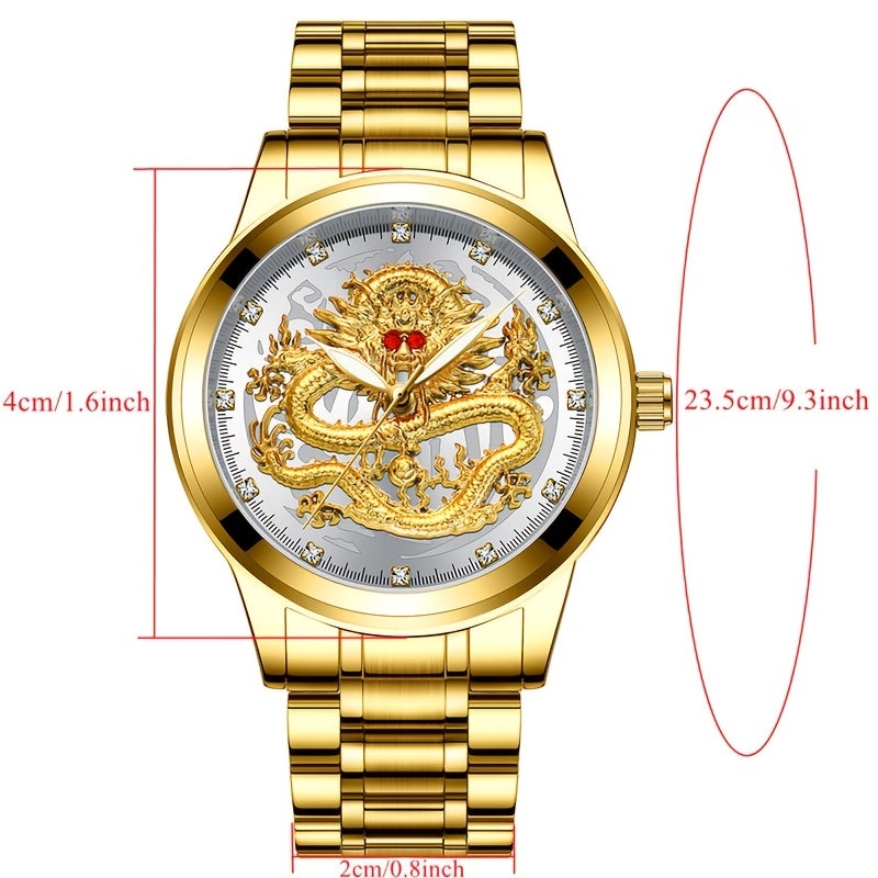 Men's Quartz Skeleton Watch with Stainless Steel Band, Luminous Waterproof and Dragon Dial - Image 2