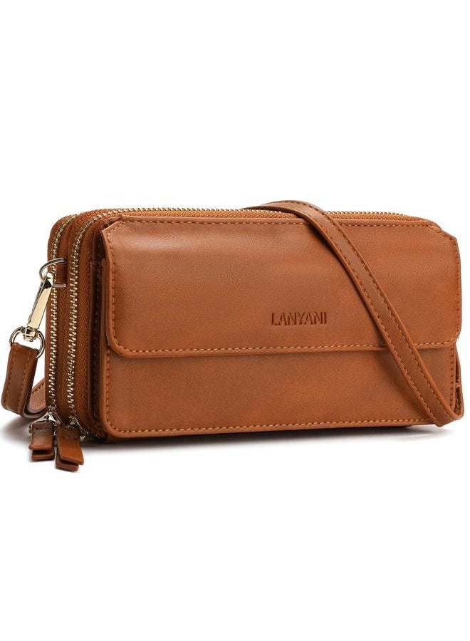 Lanyani RFID Crossbody Wallet Wristlet Purse with Phone Pocket For Women Vegan Leather, Brown, Small - Image 1