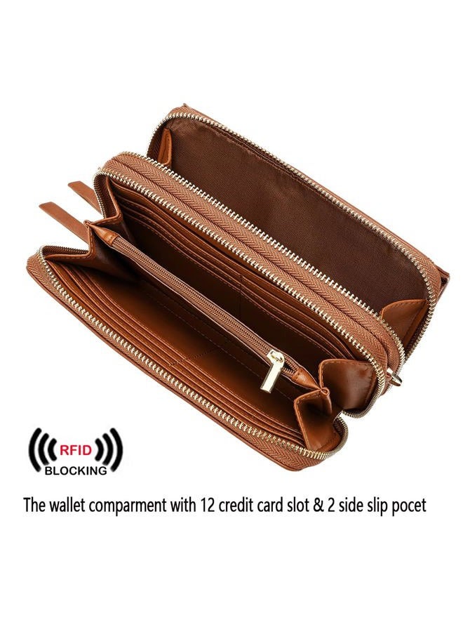 Lanyani RFID Crossbody Wallet Wristlet Purse with Phone Pocket For Women Vegan Leather, Brown, Small - Image 3